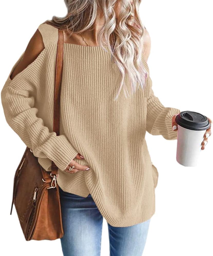 MaQiYa Women's Cold Shoulder Oversized Sweaters Batwing Long Sleeve Square Neck...