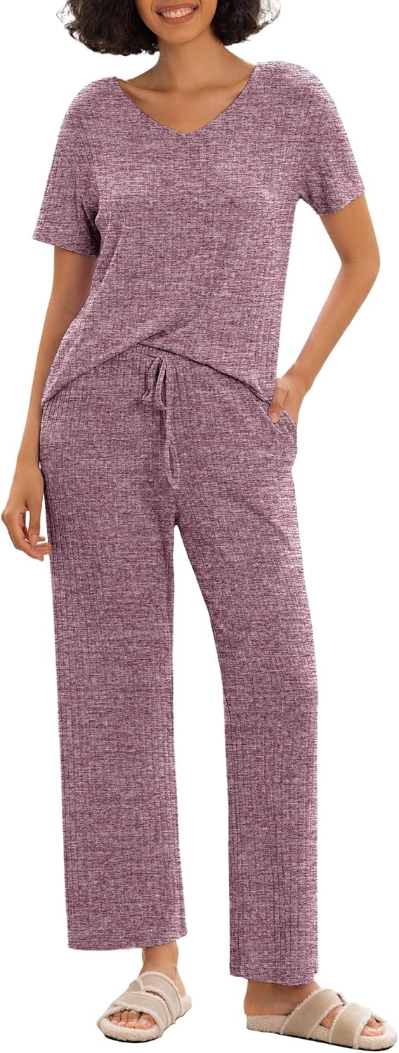 PrinStory Womens Pajama Sets Ribbed Knit Pjs Short Sleeve Top and Long Pants Lou...