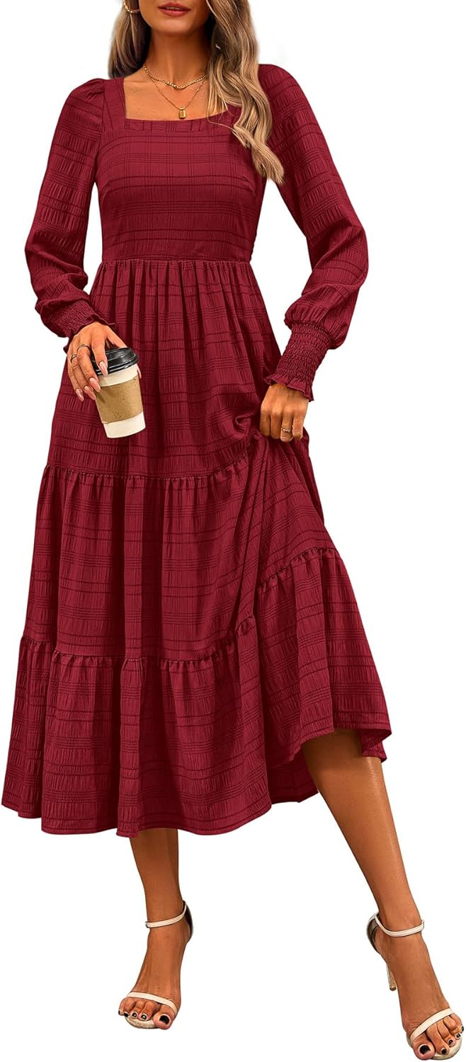CFLONGE Women's Fall Dresses 2024 Puff Long Sleeve Square Neck Dress High Waist...