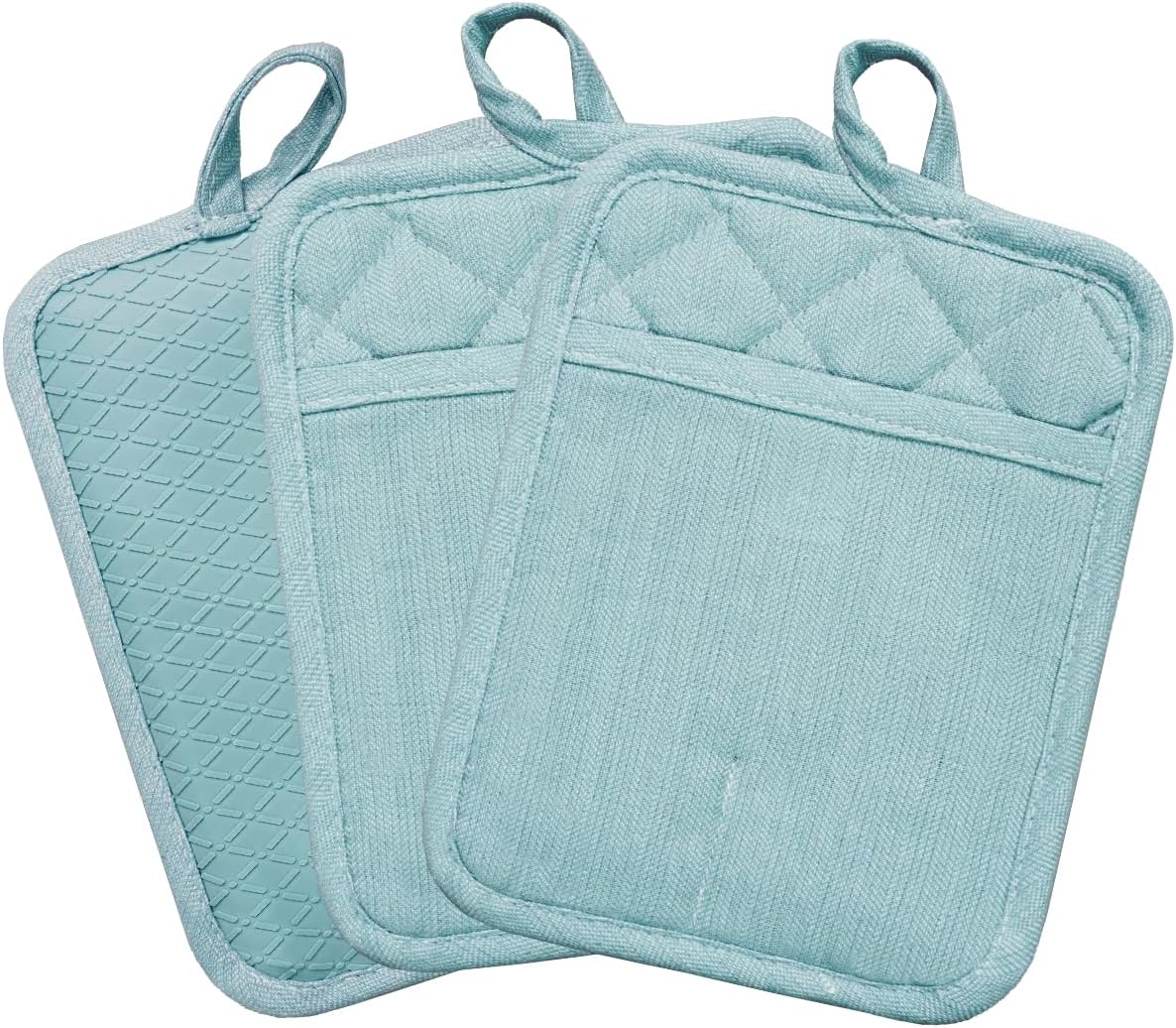 Pot Holders Yarn-Dyed Set of 3 Non Slip Silicone Kitchen Lines Heat Resistant 50...