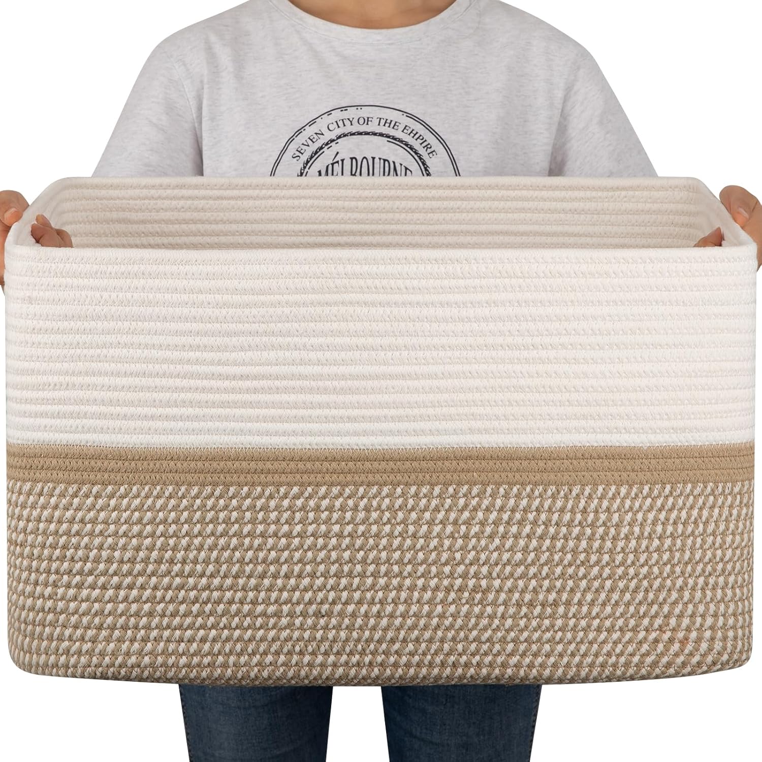 OIAHOMY 75L Laundry Basket, Extra Large Toy Storage Basket, Rectangle Cotton Rop...