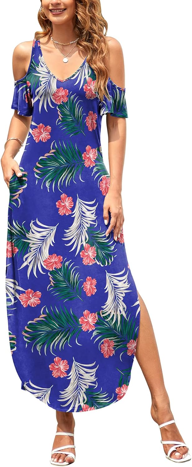HUSKARY Women's Summer Maxi Dresses V Neck Cold Shoulder Short Sleeve Casual Loo...