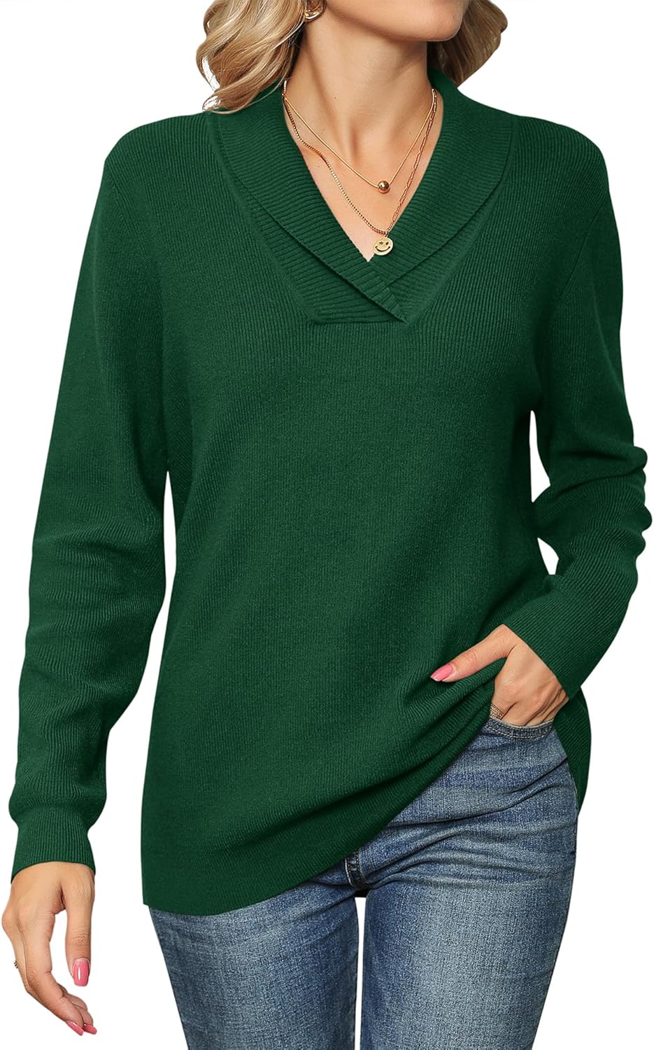 Ivicoer Women Long Sleeve V Neck Pullover Collar Knitted Sweaters Large Green