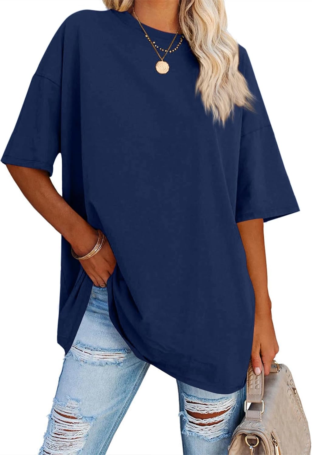 Fisoew Women's Oversized T Shirts Tees Half Sleeve Crew Neck Cotton Tunic Tops X...