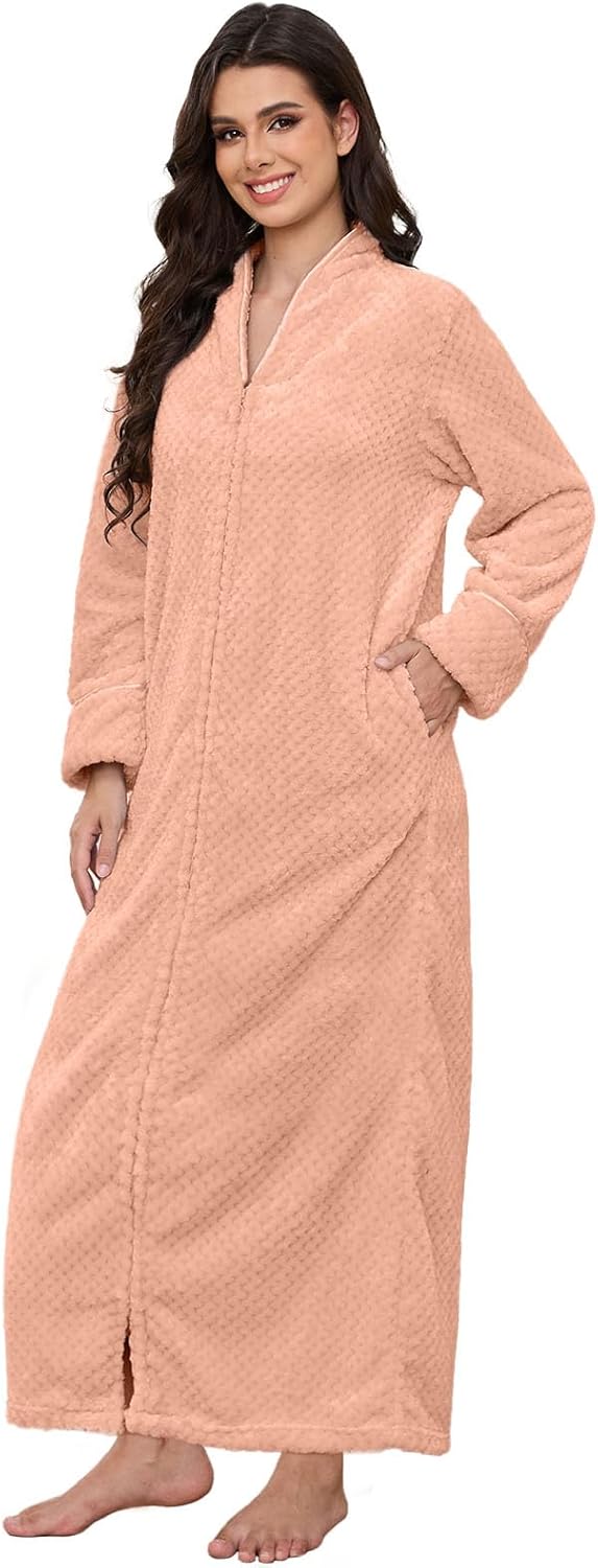 Hellomamma Womens Robes Warm Plush Winter Robe, Zip up Long Fleece Bath Robes Fe...