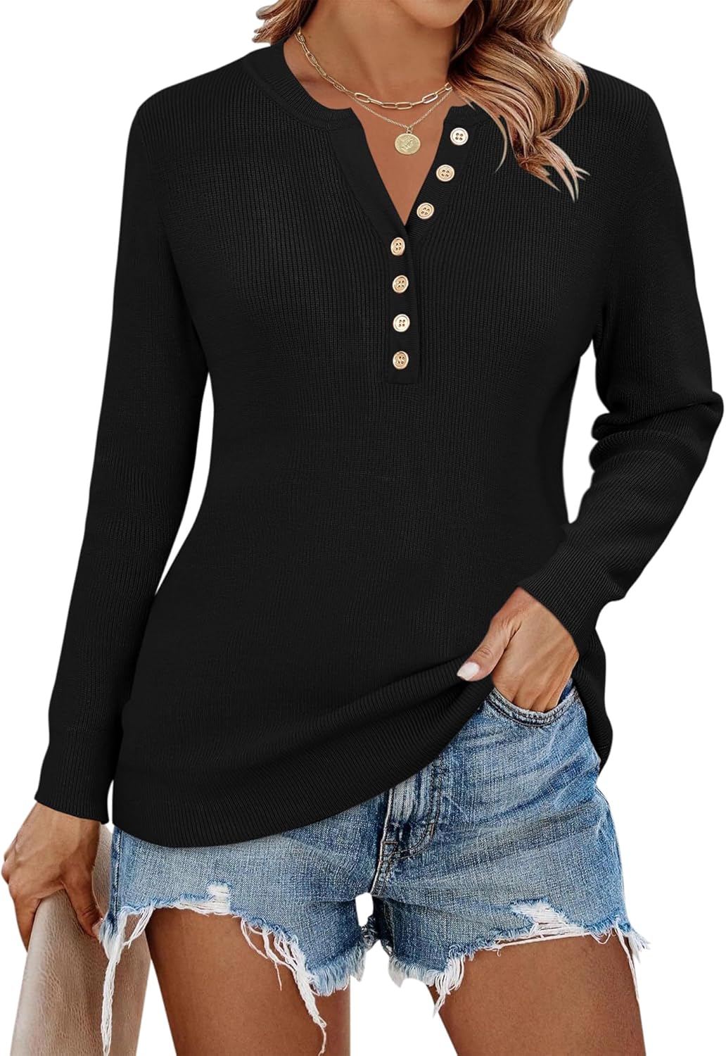 Rapbin Women's Knitted Henley Sweater Long Sleeve Casual V-Neck Pullover Winter...