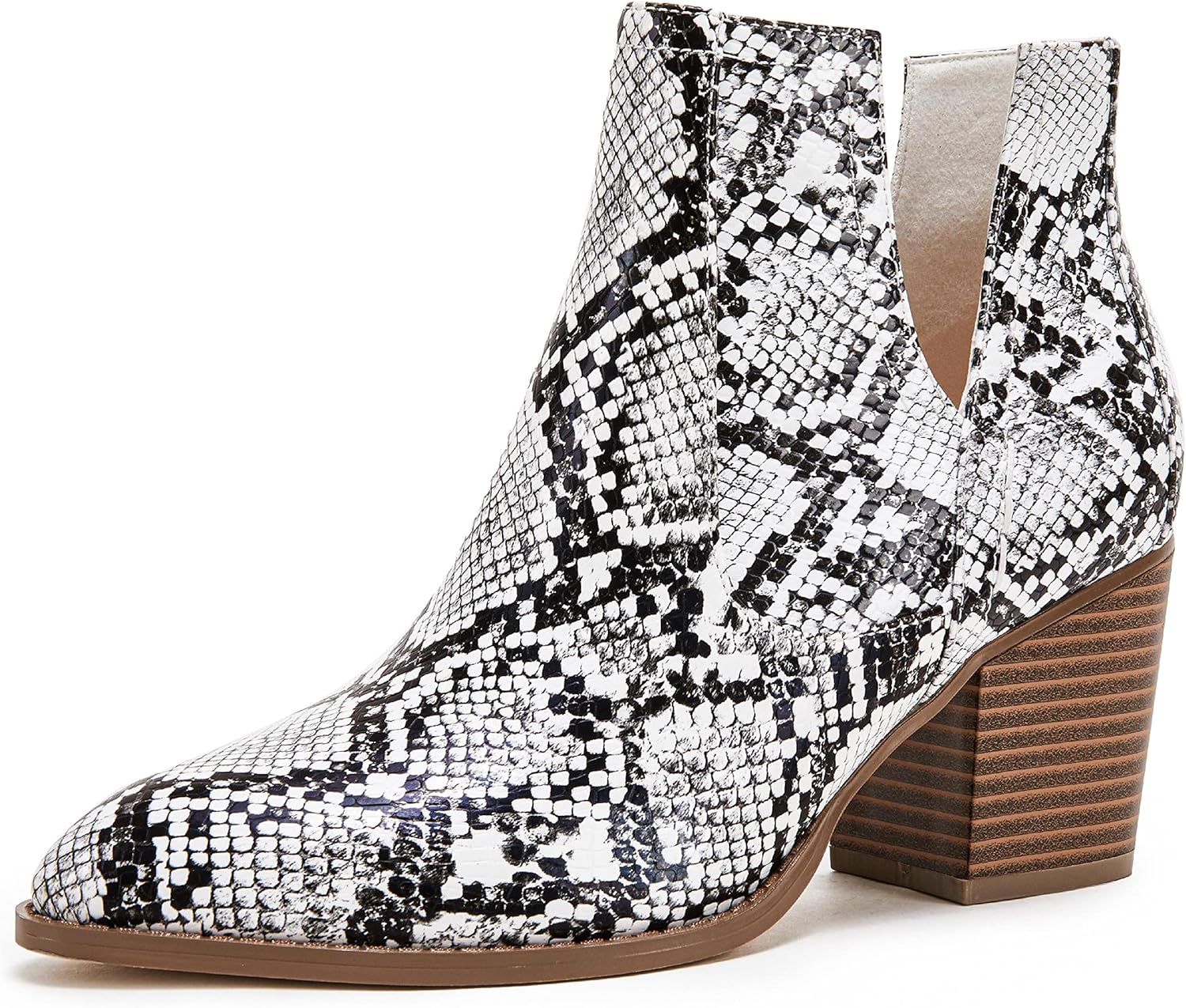 Huiyuzhi Womens Ankle Boots Slip on Cutout Pointed Toe Snakeskin Chunky Stacked...