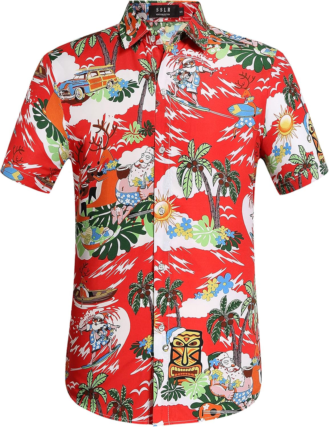 SSLR Men's Santa Claus Party Tropical Ugly Hawaiian Christmas Shirts Large Red