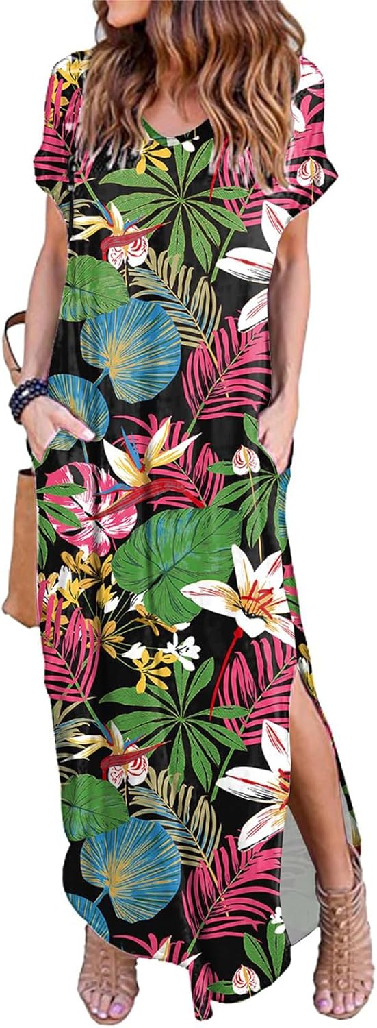 HUSKARY Women's Summer Maxi Dress Casual Loose Pockets Long Dress Short Sleeve S...