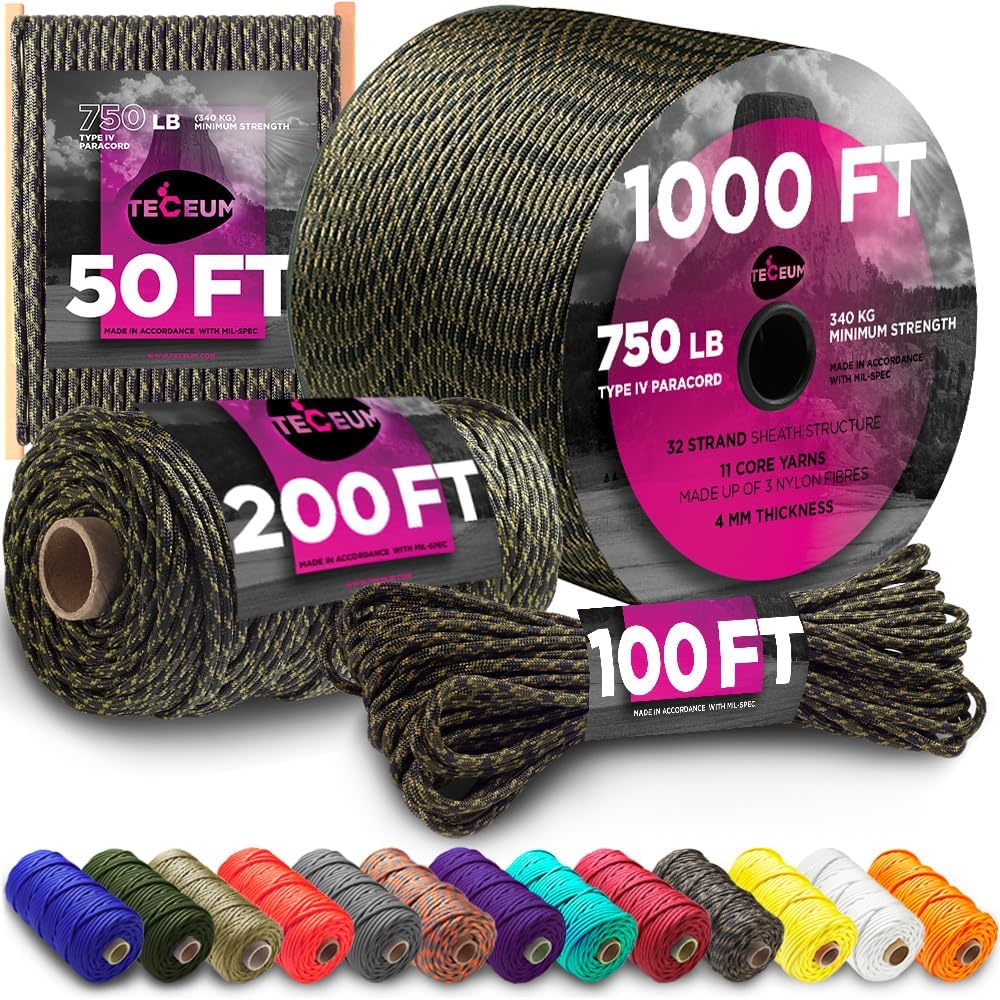 TECEUM Paracord Rope 1000 – 1000ft / 200ft / 120ft / 100ft / 50ft – String Parac...