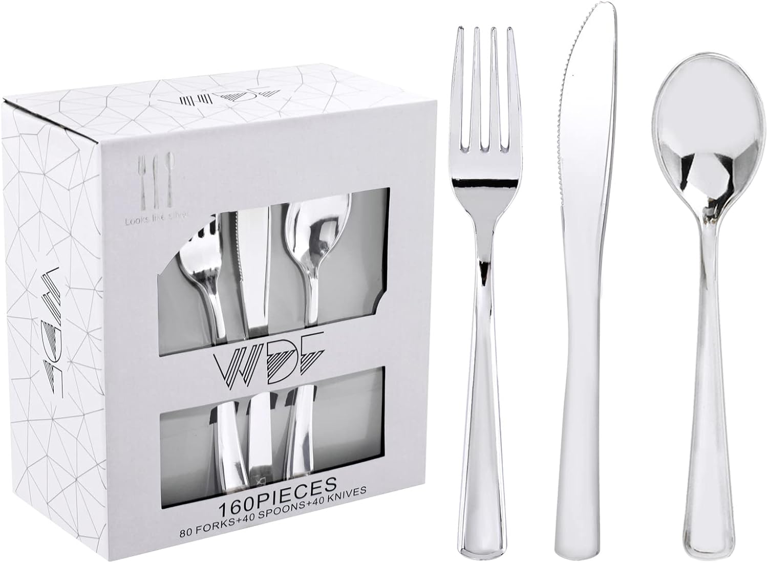 WDF 160 Pieces Christmas Plastic Silverware - Silver Christmas Silverware - Plas...
