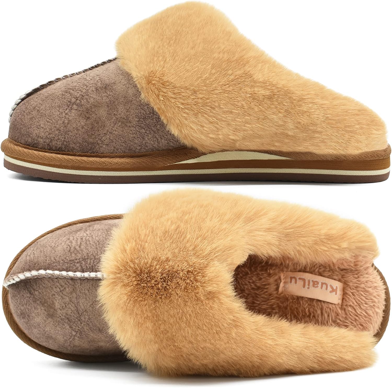 KuaiLu Womens Fluff Dual Memory Foam Slippers Ladies Cozy Arch Support Warm Scuf...