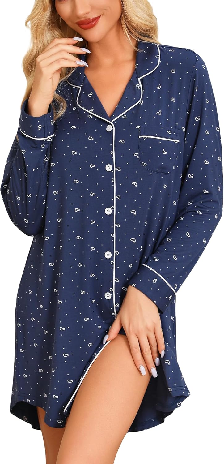 Anjue Pajama Nightgowns for Women Button Down Pajamas Tops Short/Long Sleeve Sle...