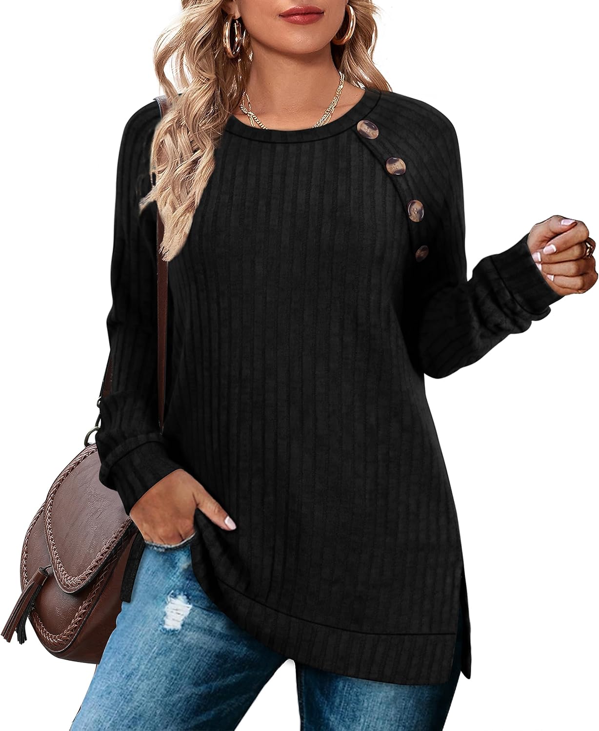 Aokosor Long Sleeve Tops Women Lightweight Jumpers Ladies Button Side Splits Tun...