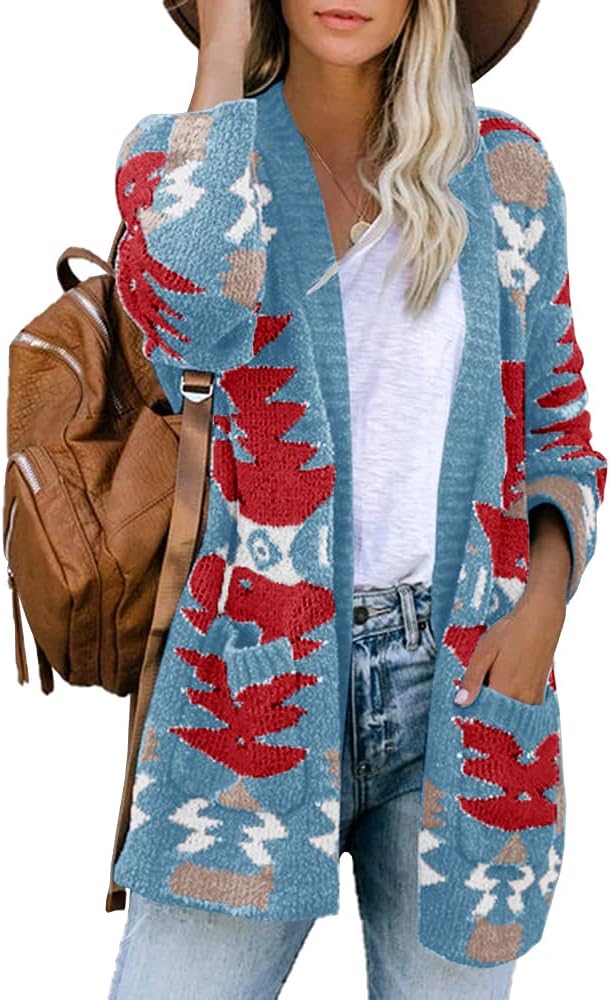 FERBIA Women Boho Cardigan Aztec Open Front Loose Slouchy Sweaters Tribal Long S...