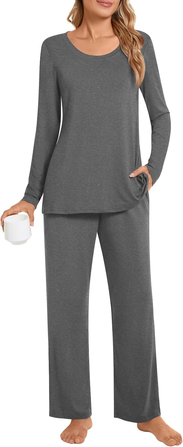 POPYOUNG 2 Piece Women's Fall Pajama Sets Crew-neck Long Sleeve Lounge Sleepwear...
