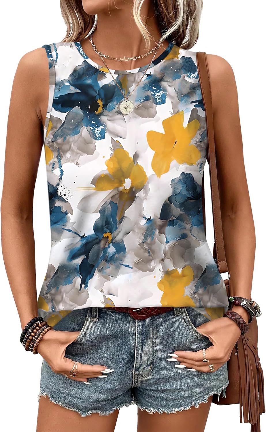 Womens Tank Tops Round Neck Sleeveless Shirts Flowy Loose Fit Basic Casual Eyele...