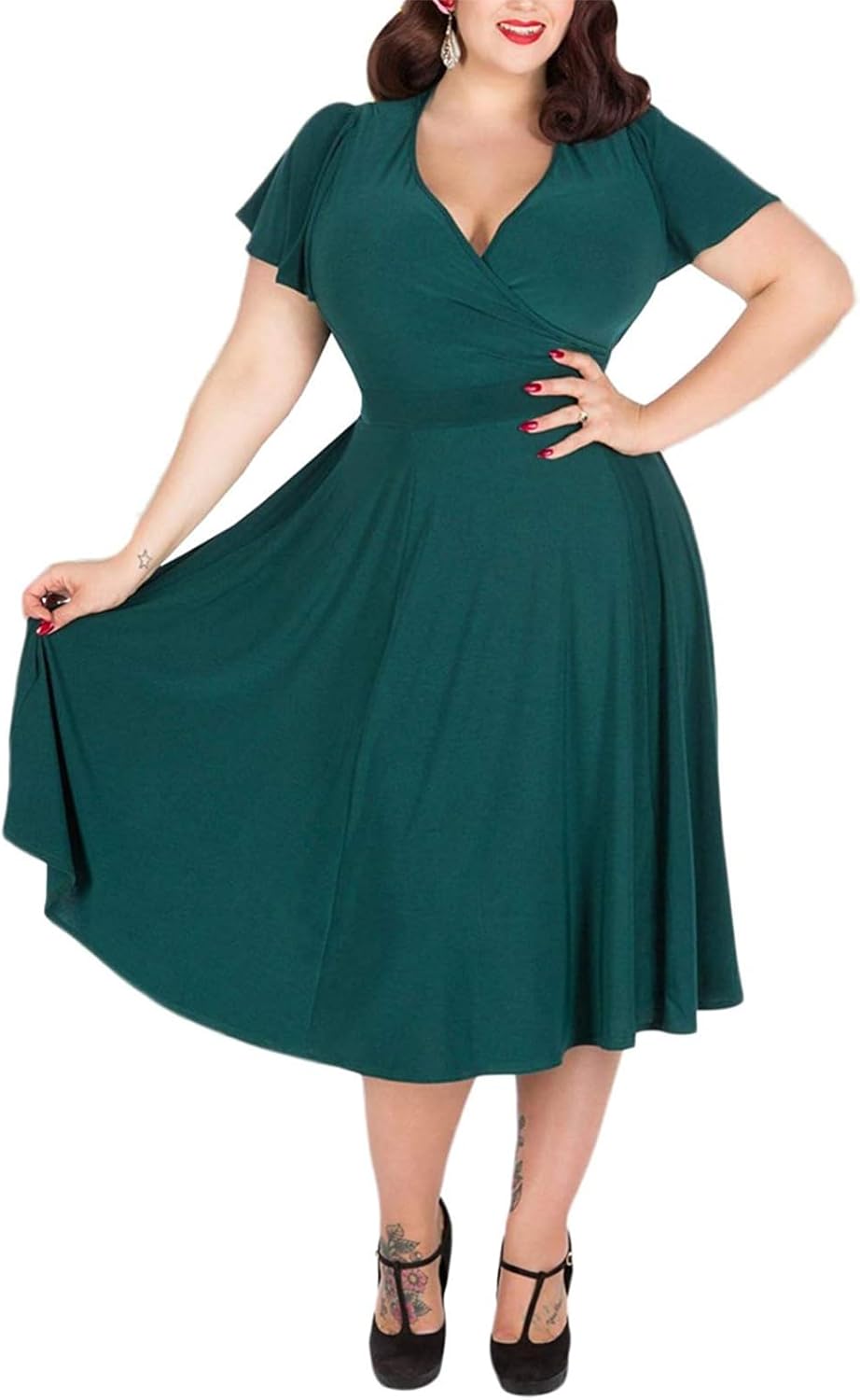 Nemidor Women's V-Neckline Stretchy Casual Midi Plus Size Bridesmaid Vintage Dre...