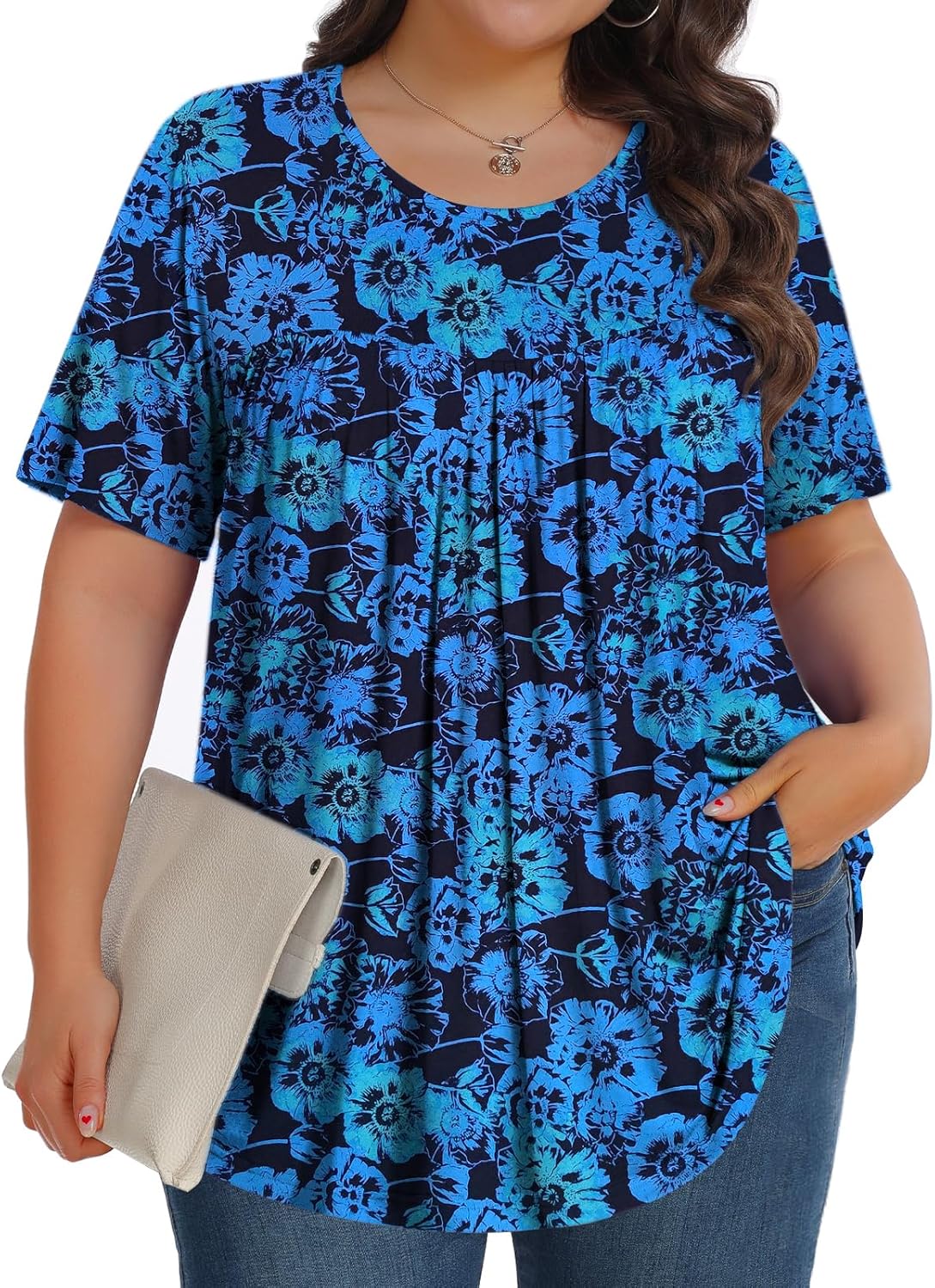 Womens Plus Size Tops Tunic Short Sleeve Crew Neck Shirts Casual Soft Blouse 1X-...