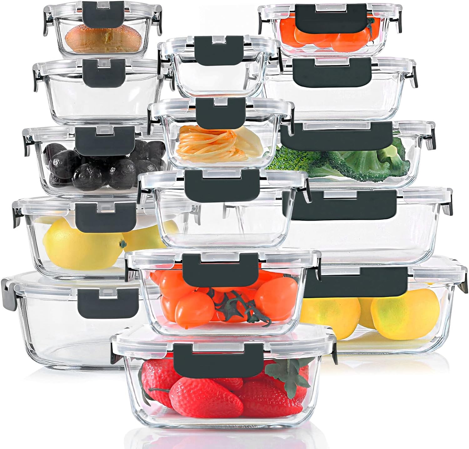 KOMUEE 30 Pieces Glass Food Storage Containers Set, Glass Meal Prep Containers S...
