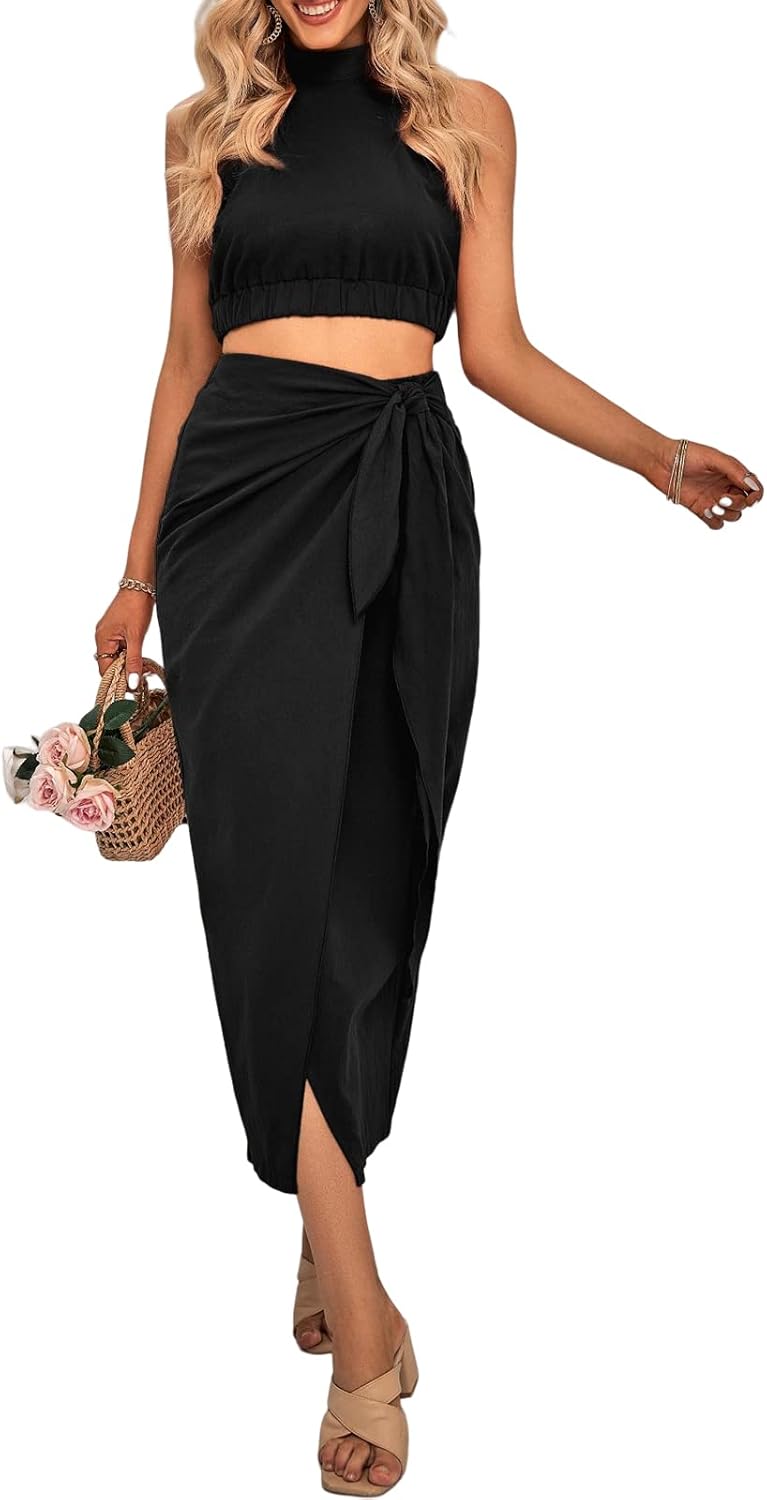CFLONGE Women's 2 Piece Outfits Casual Sleeveless Halter Crop Top and Draped Ruc...
