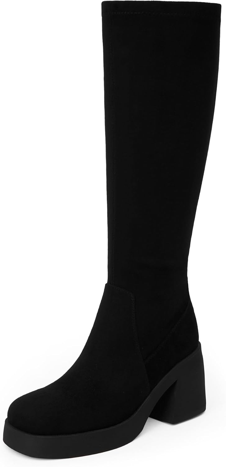Knee High Boots Women Square Toe Elastic Boots Platform Chunky Heel Stretchy Tal...
