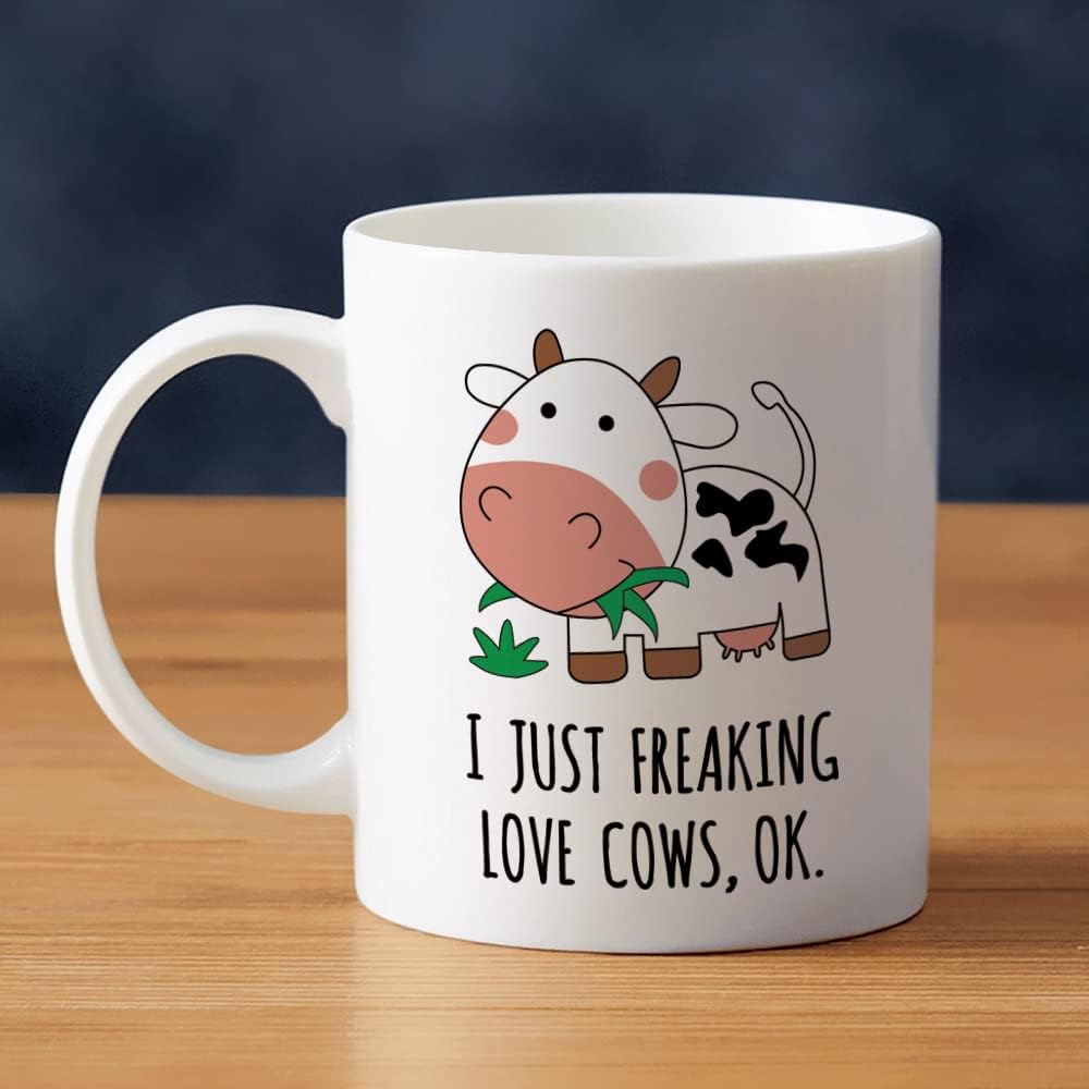 Cow Coffee Mug, I Just Freaking Love Cows Ok Ceramic Tea Cup Kawaii Cow Print Mu...