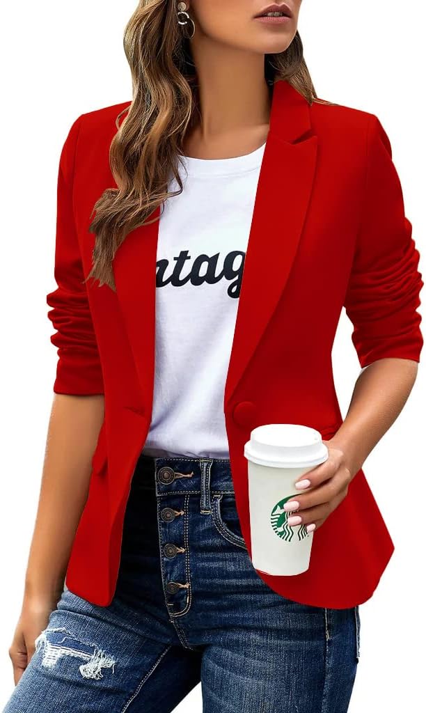 Womens Casual Blazers Long Sleeve Lapel Button Slim Work Office Blazer Jacket X-...