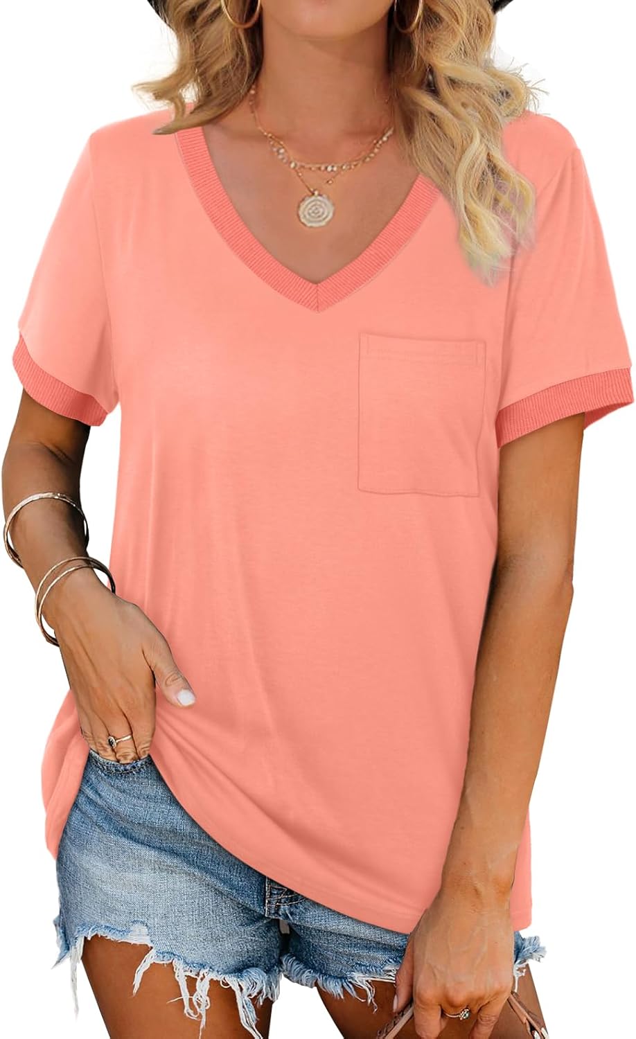 Geifa Womens T Shirts Short Sleeve V Neck Loose Casual Summer Tops with Pocket C...
