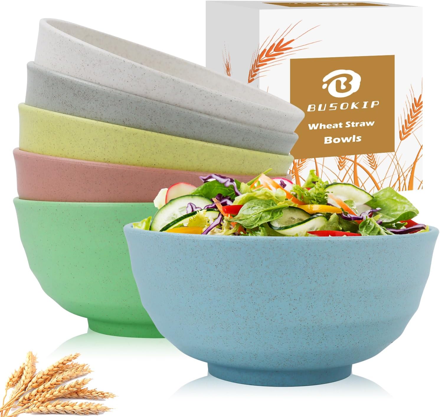 Large Bowls Set of 6, Unbreakable 60 OZ Wheat Straw Bowls Large Salad Bowls, Mic...