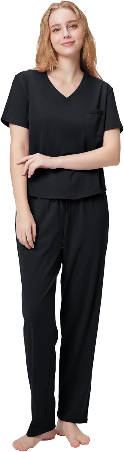 SIORO Womens Cotton Pajamas Set Short Sleeve Sleepwear V-neck Tops Loungewear Ni...
