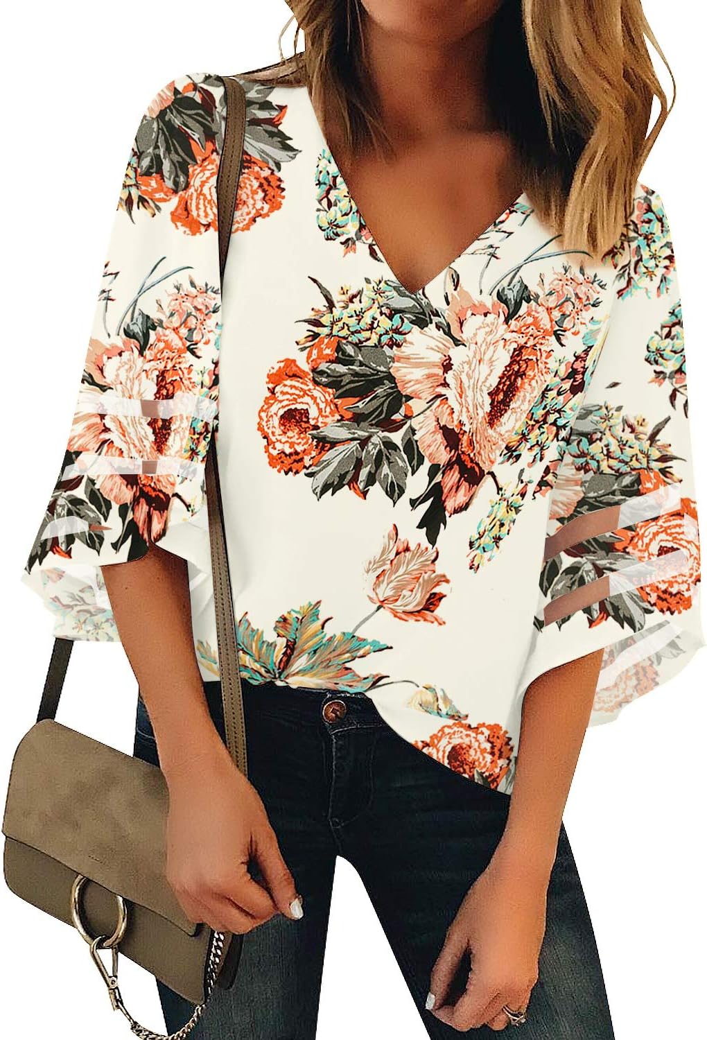 luvamia Women's Casual V Neck Blouse 3/4 Bell Sleeve Mesh Panel Shirts Loose Top...