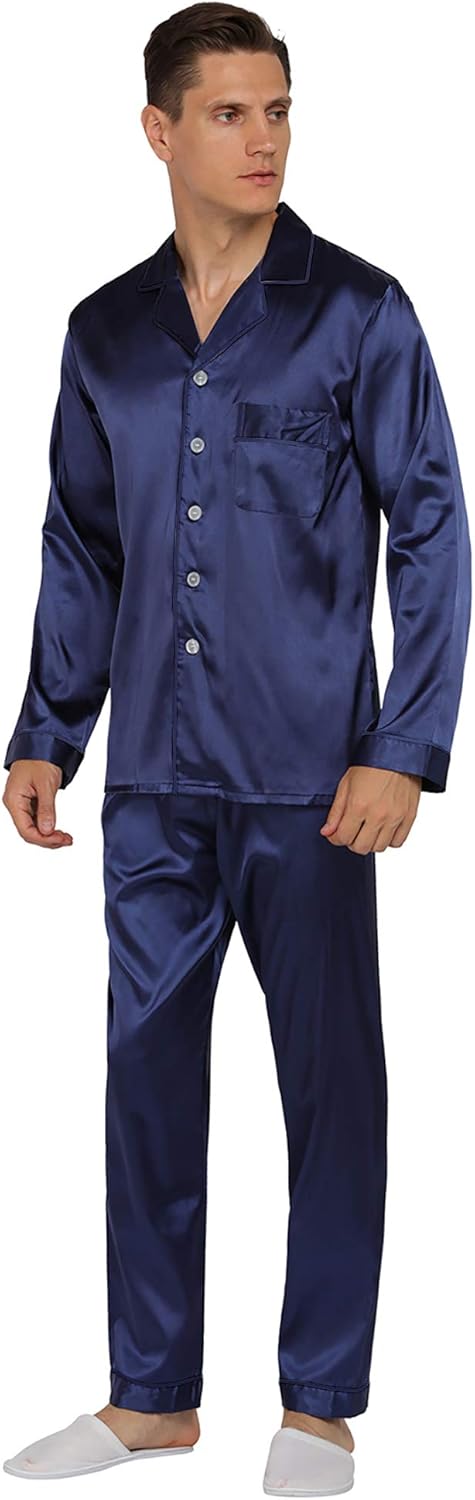 YIMANIE Mens Satin Pajamas Set Classic Short Sleeved and Long Pants Sleepwear Lo...