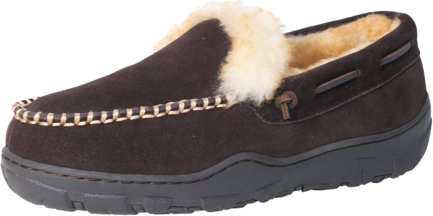 Men Moccasins Slipper Leather Upper Lambs Wool Lining Memory Foam Rubber Soles I...