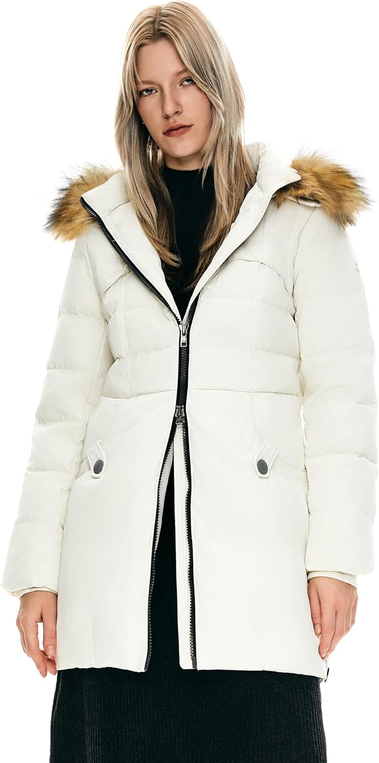 Orolay Women's Winter Down Jacket with Faux Fur Trim Hood Large Beige