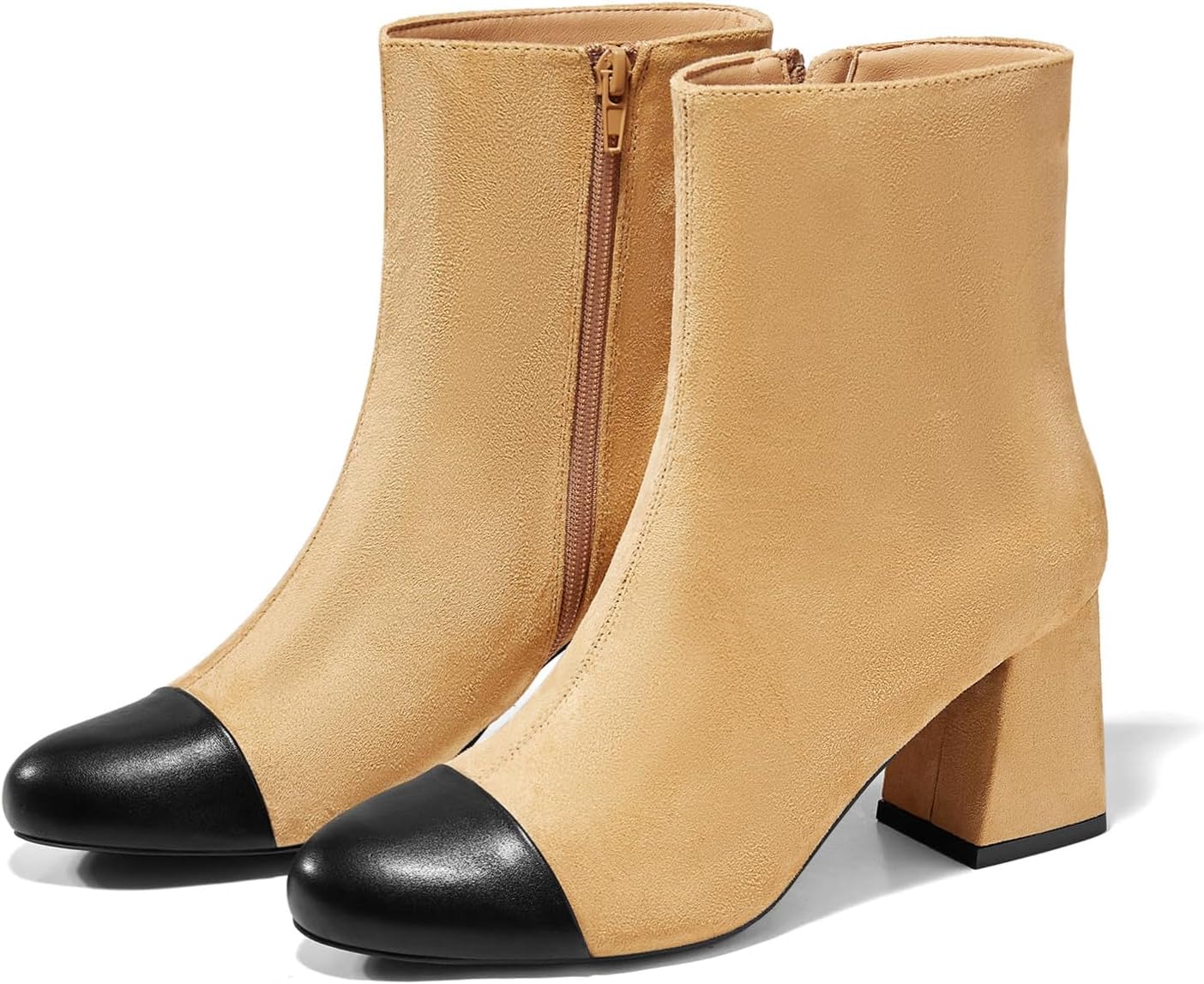 Coutgo Womens Ankle Boots Chunky Block Heel Two Tone Round Toe Side Zipper Dress...