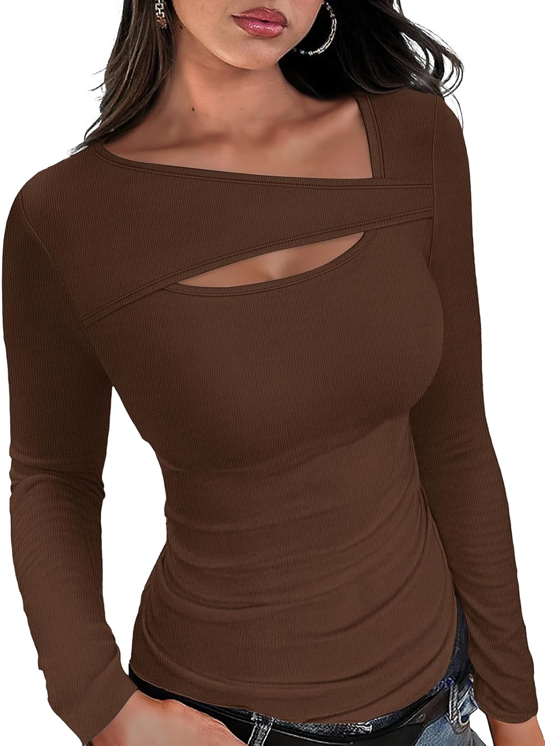 XIEERDUO Womens Long Sleeve Tops Slim Fit Fall Shirts Cutout Tops Y2K Ribbed Tsh...