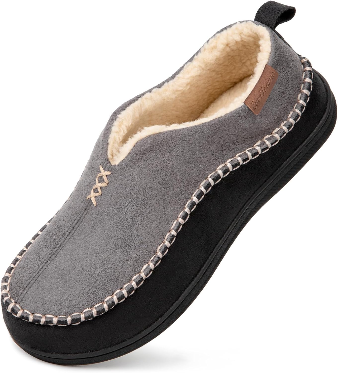 EverFoams Men's Micro Suede Memory Foam Moccasin Slippers with Fuzzy Sherpa Lini...