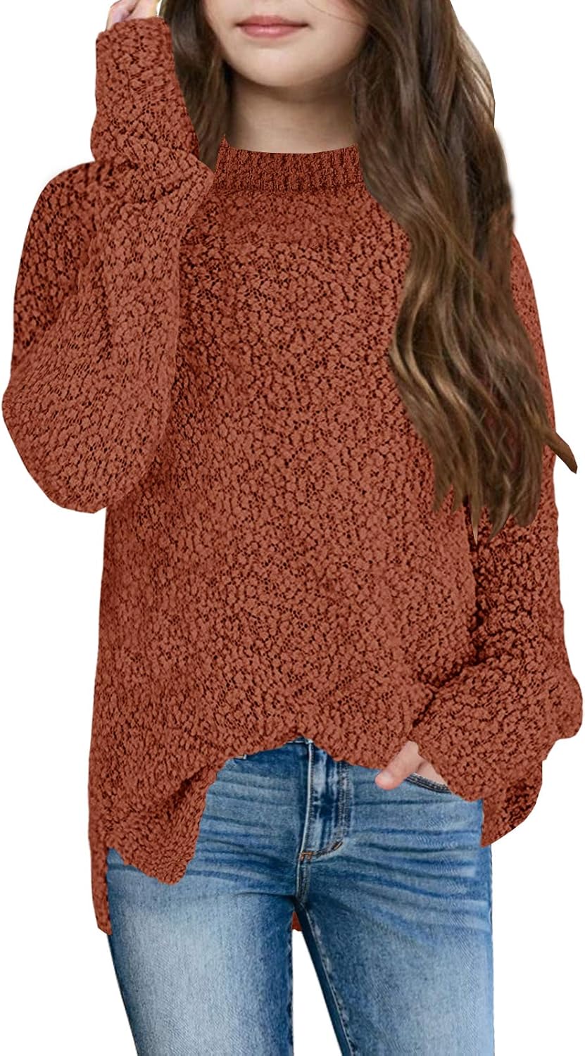 GAMISOTE Girl's Fuzzy Warm Sweater Crew Neck Chunky Side Slit Jumper Pullover Ou...