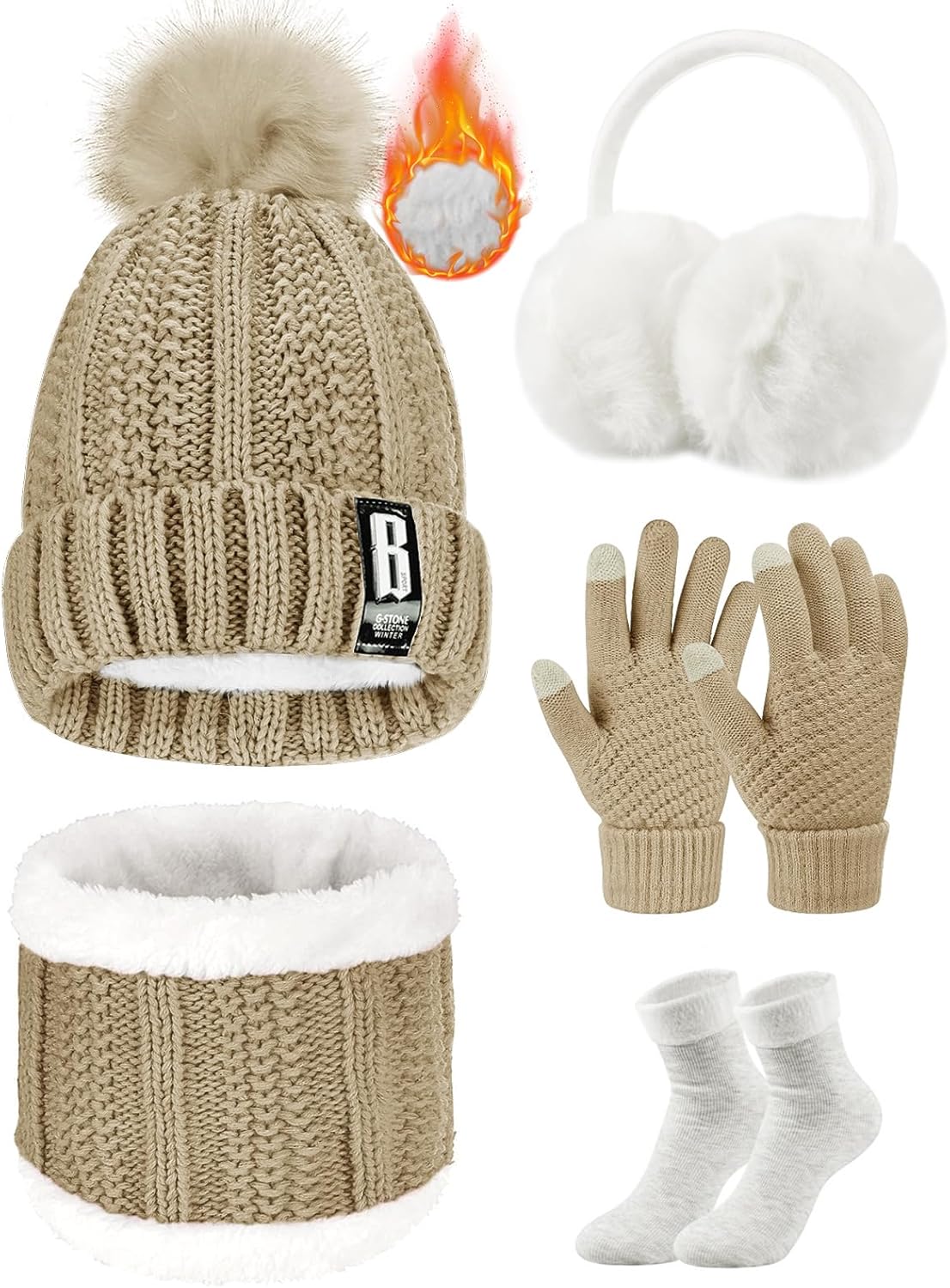 Tuopuda Knitted Hat and Scarf Set 5 PCS Winter Set,Winter Plush Ear warmers Warm...