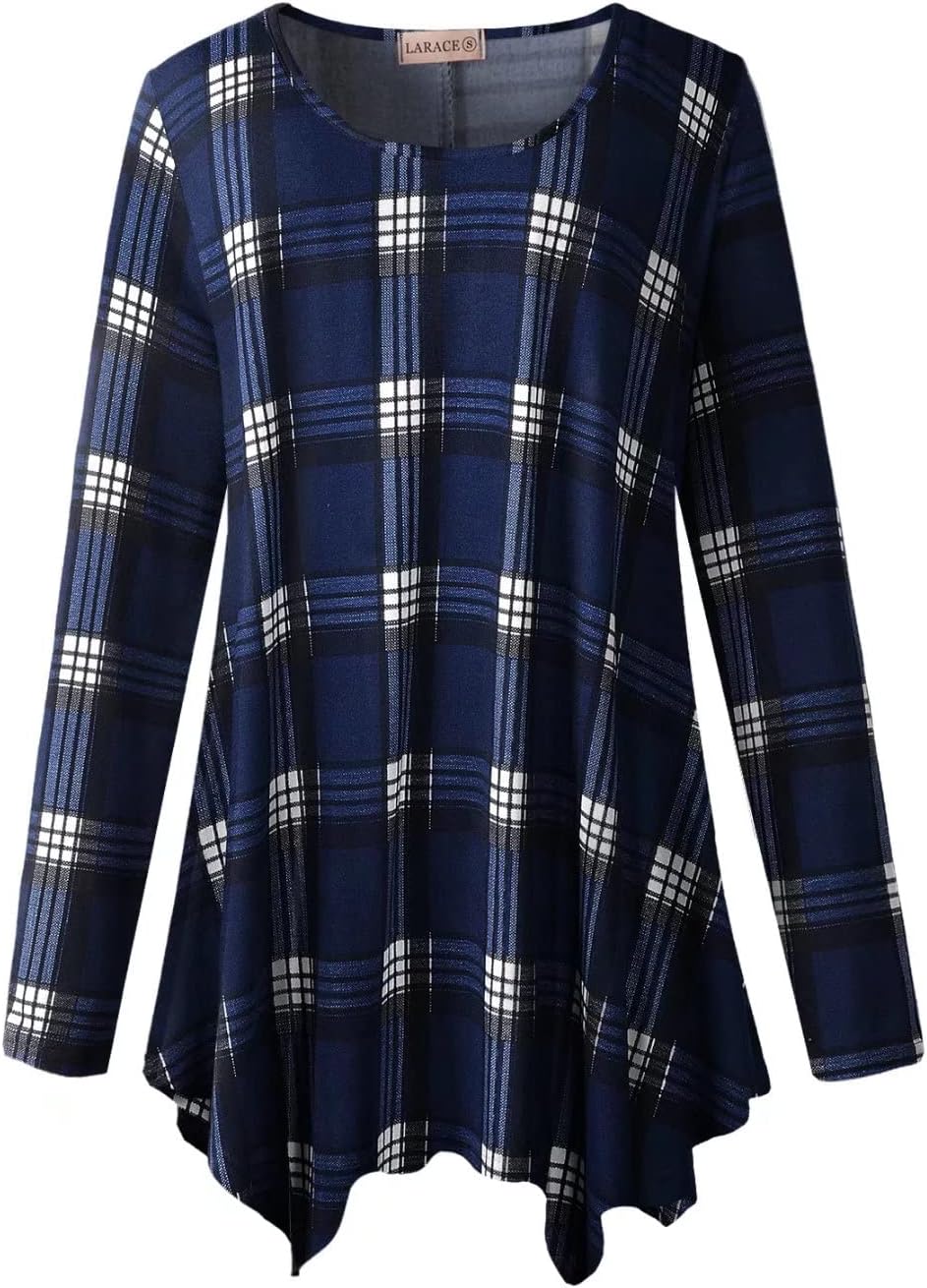 LARACE Womens Long Sleeve Flattering Comfy Tunic Loose Fit Flowy Top 1-navyblue_...