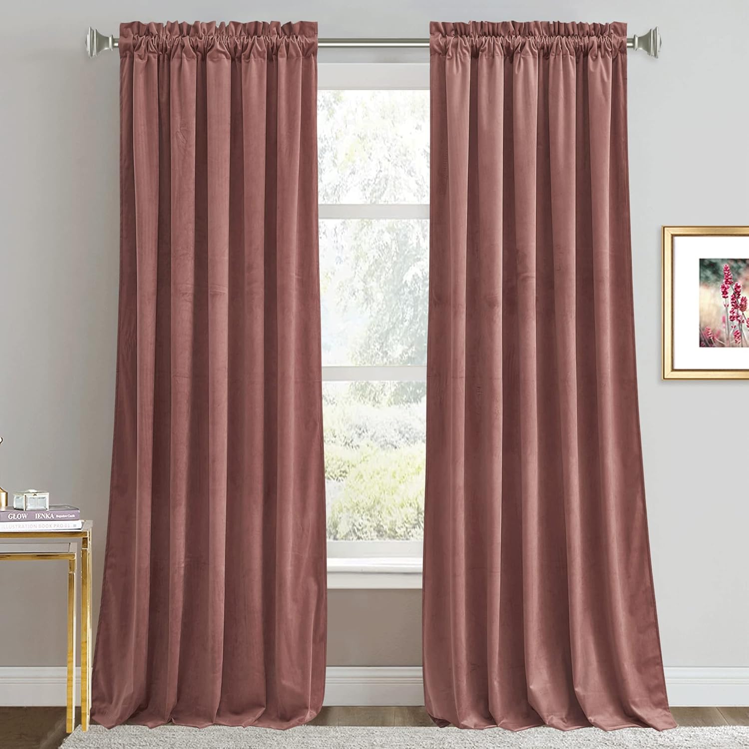 RYB HOME Wild Rose Pink Velvet Curtains 96 inches for Living Room, Privacy Pictu...