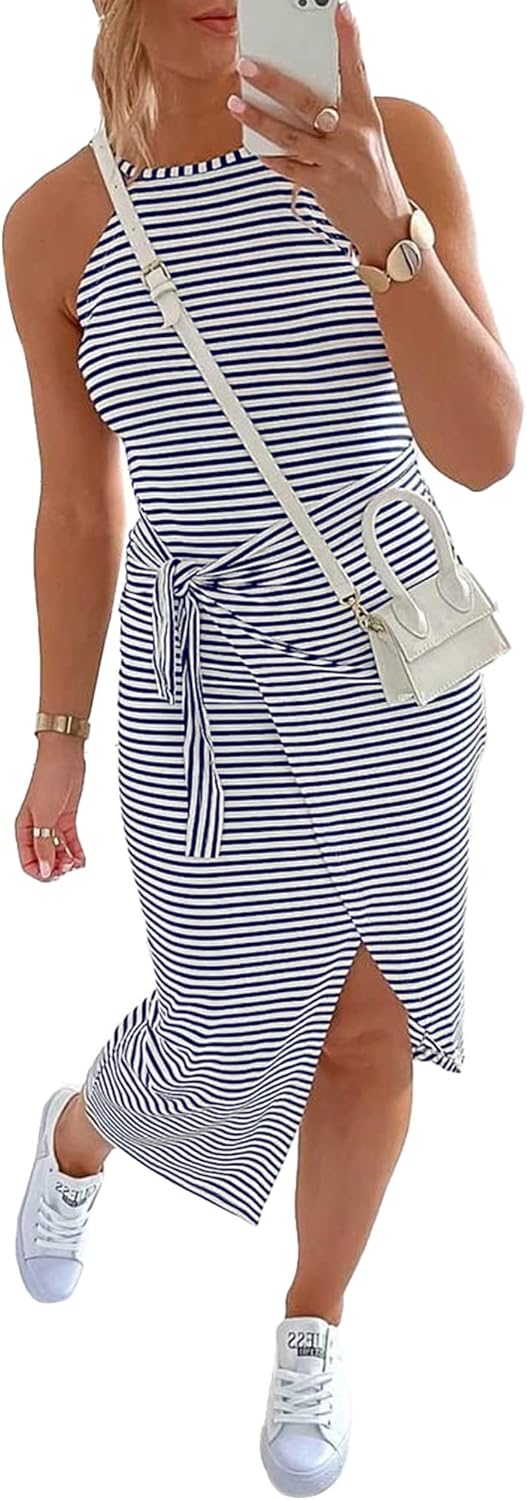 NOLLSOM Women Casual Sleeveless Striped Tank Midi Dresses Halter Neck Ruched Bod...
