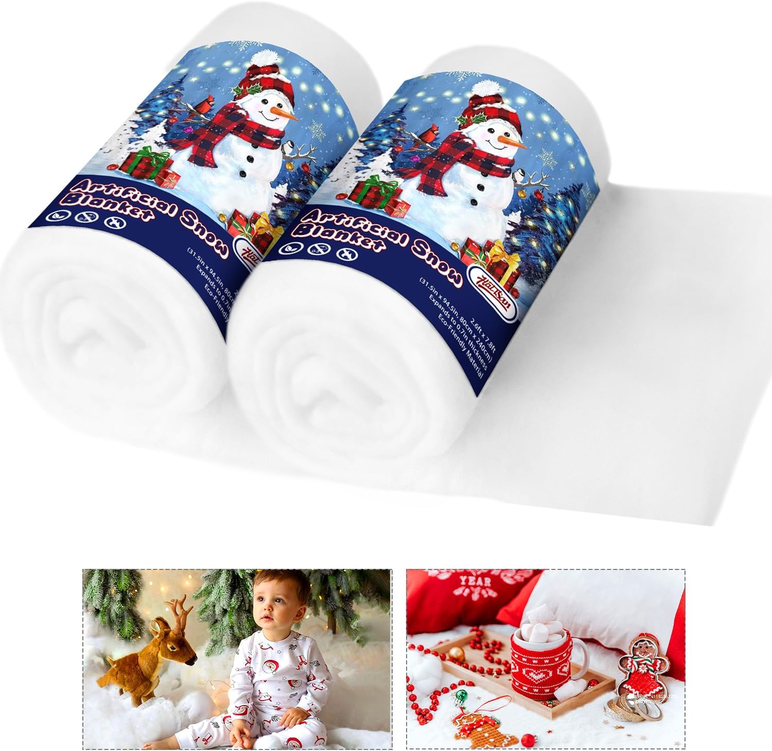 hatisan 30 in x 8 Ft Fake Snow Blanket, 2pcs Thickened Fluffy Christmas Artifici...