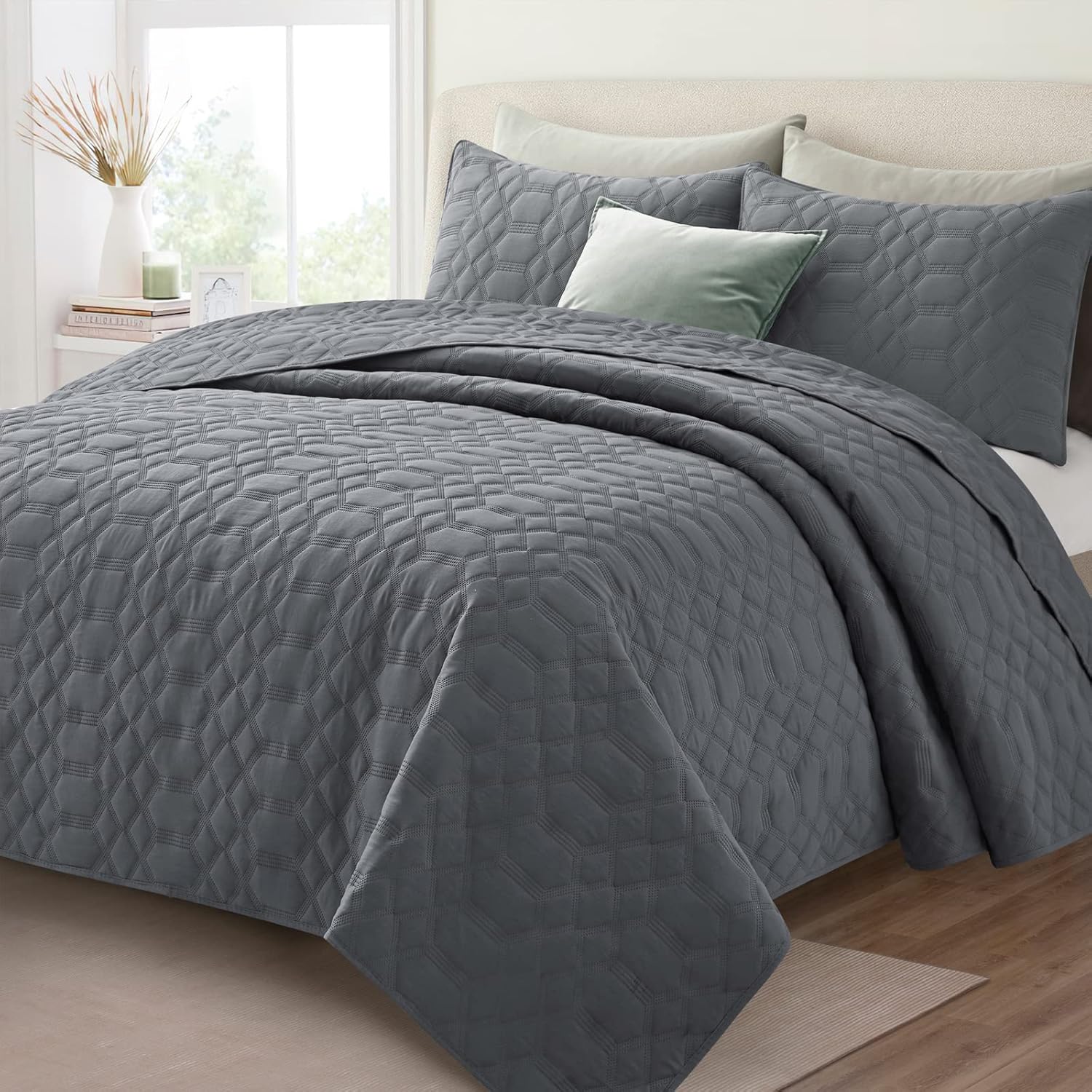 Safonory Dark Grey Quilt Set Full/Queen Size(90"x96") - Summer Soft Lightweight...