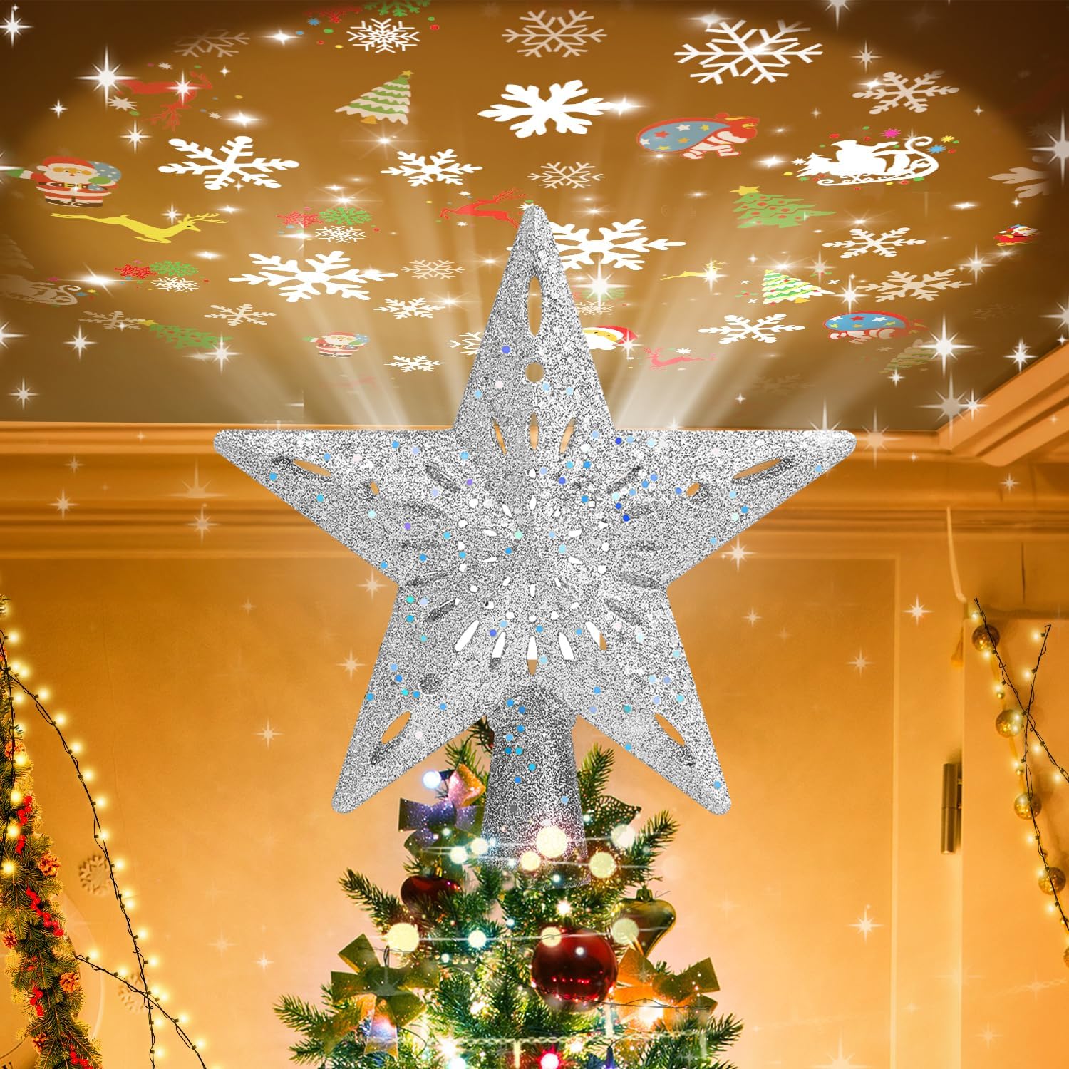 Mrrihand Christmas Tree Topper Lighted with 6 Projection Modes, Christmas Star T...
