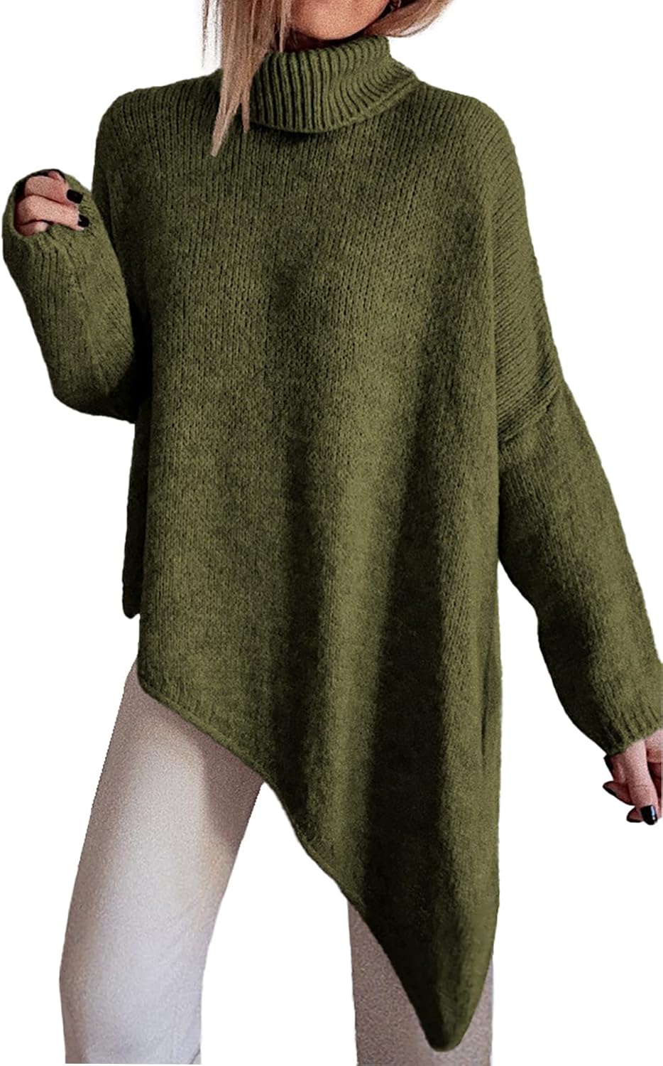 BTFBM Women Long Sleeve Turtleneck Knit Sweater Asymmetric Hem Oversized Fall Wi...