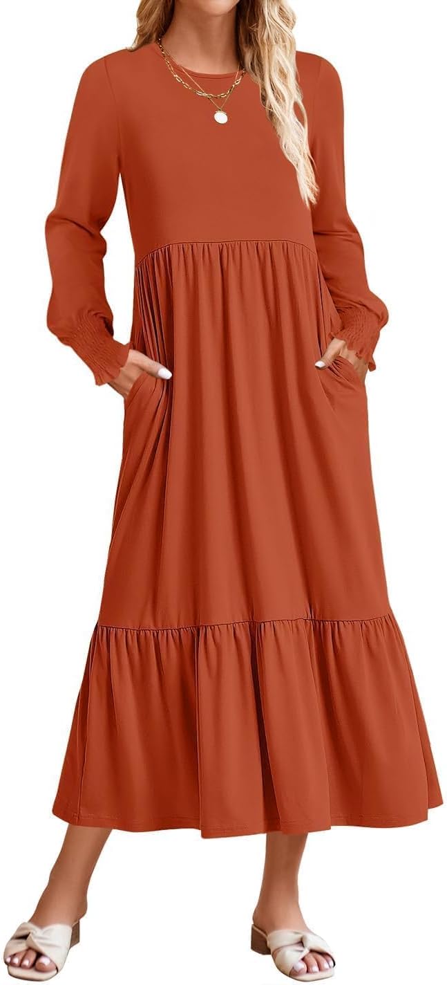 ZESICA Women's Spring Long Sleeve Dress Crewneck Casual Loose Pleated Tiered Swi...
