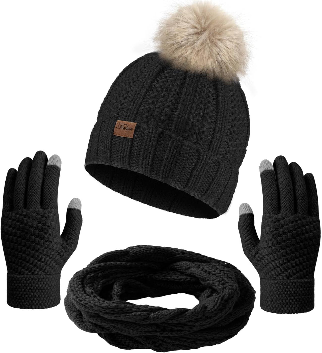 Passionbility Winter Beanie Hat Circle Scarf Touchscreen Gloves Set, Snow Knit S...
