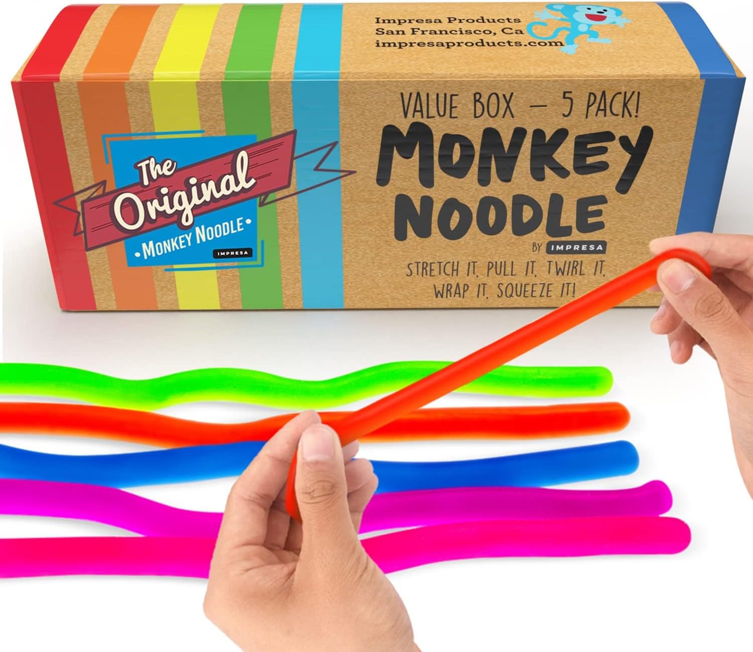 IMPRESA The Original Monkey Noodle Fidget Toy - 5 Pack - Stretchy Sensory Toys f...